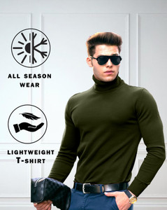 AOOSH Solid Men High Neck Green T-Shirt