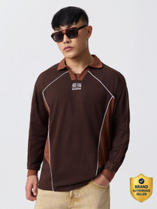 The Souled Store Embroidered Men Polo Neck Brown T-Shirt - Image 6