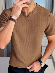 PRAIZY Solid Men V Neck Brown T-Shirt