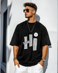 आस्क पुरुषों के लिए गोल गला ग्राफिक प्रिंट काला टी-शर्ट