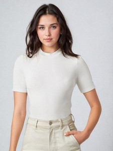 KOTTY Solid Women High Neck White T-Shirt