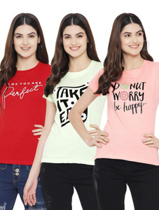 Fabflee Printed Women Round Neck Red, Pink, Light Green T-Shirt
