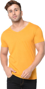Jangoboy Solid Men V Neck Yellow T-Shirt