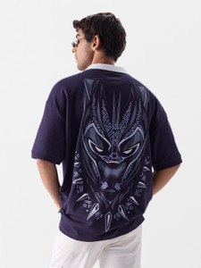 The Souled Store Printed Men Polo Neck Navy Blue T-Shirt