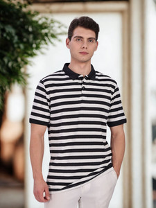 Y.O.U - Youth Original Unique Striped Men Polo Neck Black, White T-Shirt