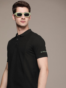 WROGN Self Design Men Polo Neck Black T-Shirt