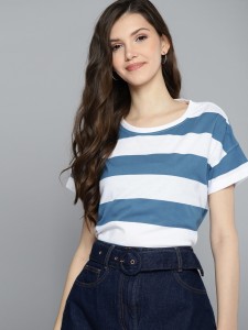 Mast & Harbour Striped Women Round Neck Blue T-Shirt