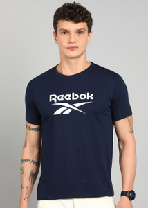 REEBOK Printed Men Round Neck Navy Blue T-Shirt