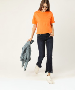 Dressberry Solid Women Round Neck Orange T-Shirt