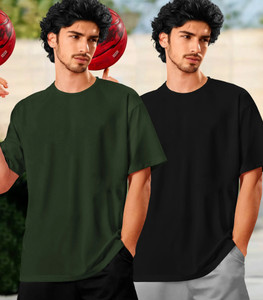 TRIPR Solid Men Round Neck Dark Green, Black T-Shirt