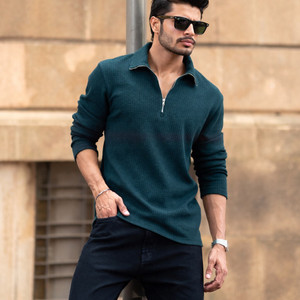 HEA7ENS Self Design Men Zip Neck Dark Green T-Shirt