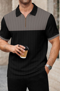 KAJARU Colorblock Men Zip Neck Grey, Black T-Shirt