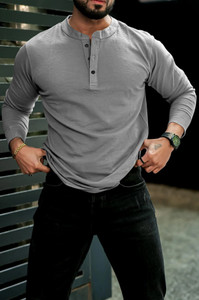 Rufica Self Design Men Mandarin Collar Grey T-Shirt