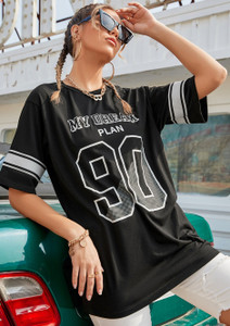 GRAND MALBORK Graphic Print, Typography Women Round Neck Black T-Shirt