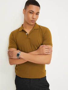MAX Solid Men Polo Neck Brown T-Shirt