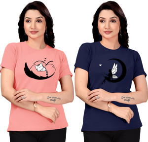 ZentWorld Printed Women Round Neck Beige, Blue T-Shirt