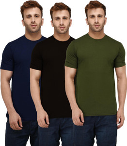 London Hills Solid Men Round Neck Dark Blue, Dark Green, Black T-Shirt