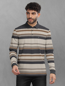 Bullmer Striped Men Polo Neck Beige T-Shirt
