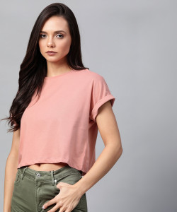 Roadster Solid Women Round Neck Pink T-Shirt