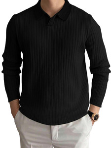 EyeBogler Striped Men Polo Neck Black T-Shirt