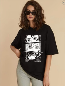 KOTTY Printed Women Round Neck Black T-Shirt