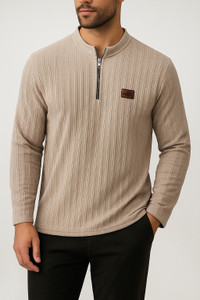 METRONAUT Solid Men Zip Neck Beige T-Shirt