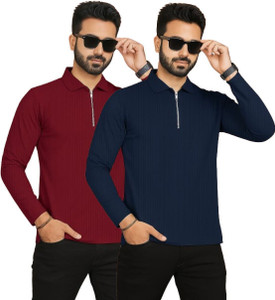 HELMONT Solid Men Polo Neck Maroon, Blue T-Shirt
