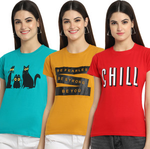 Fabflee Printed Women Round Neck Multicolor T-Shirt