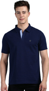 LUX cozi Solid Men Polo Neck Navy Blue T-Shirt