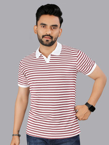 FTX Striped Men Polo Neck Brown T-Shirt