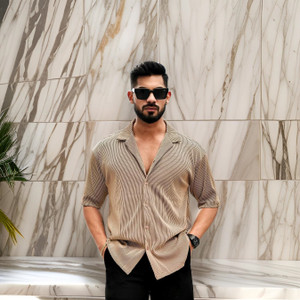 LIME Solid Men Peter Pan Collar Beige T-Shirt