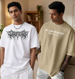 FLYIND VOGUE OUTFIT Printed Men Round Neck Beige, White T-Shirt