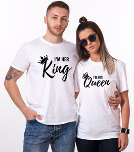 PARA HILLS Printed, Typography Couple Round Neck White T-Shirt
