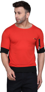 Preeo Colorblock Men Round Neck Red T-Shirt