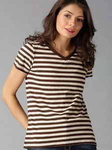 Nilan Tees Wear Striped Women V Neck Brown T-Shirt