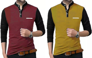 PSDESIGN Solid Men Mandarin Collar Maroon, Yellow T-Shirt