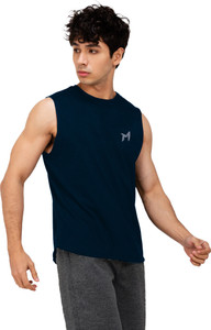 mebadass Solid Men Round Neck Navy Blue T-Shirt