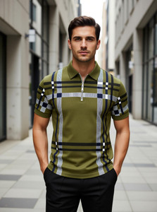 AUSK Checkered Men Polo Neck Green T-Shirt