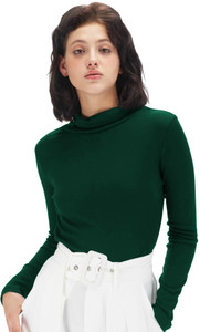 FashMind Self Design Women Turtle Neck Green T-Shirt