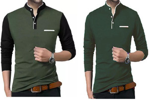 vescor Solid Men Mandarin Collar Dark Green, Blue T-Shirt
