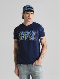JACK & JONES Printed, Typography Men Round Neck Navy Blue T-Shirt