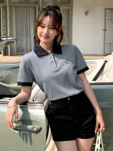 StreetWardrobe Self Design Women Polo Neck Grey, Black T-Shirt