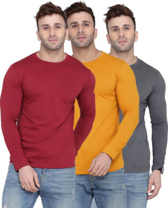 Kroptee Solid Men Round Neck Maroon, Grey, Yellow T-Shirt