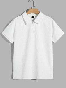 PRAIZY Solid Men Polo Neck White T-Shirt