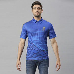 playR X Mumbai Indians Solid Men Polo Neck Blue T-Shirt