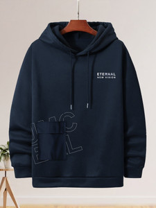 Jump Cuts Printed Men Hooded Neck Dark Blue T-Shirt