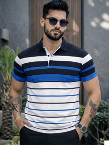 EyeBogler Striped Men Zip Neck White, Blue T-Shirt