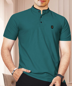 VeBNoR Solid Men Mandarin Collar Blue T-Shirt