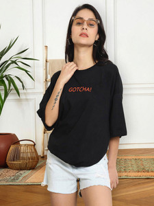 METRONAUT Printed Women Round Neck Black T-Shirt