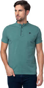 BEING HUMAN Typography Men Mandarin Collar Green T-Shirt